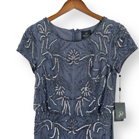 NEW Adrianna Papell Beaded Gown Dusty Blue Womens Size 4 Sequin Formal Wedding - Picture 4 of 13